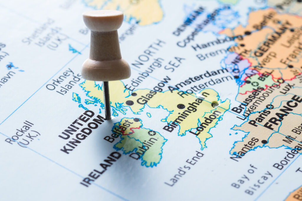 Map of Europe with London pin